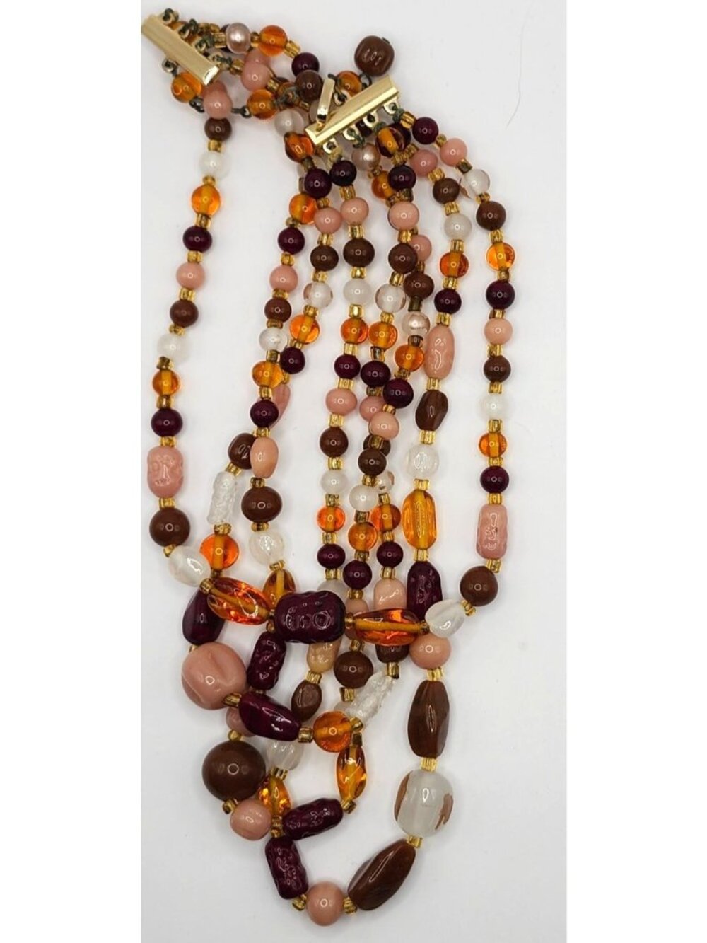 Vintage Multi-Strand Amber Burgundy Cream Beaded Necklace Statement Jewelry - Picture 2 of 9